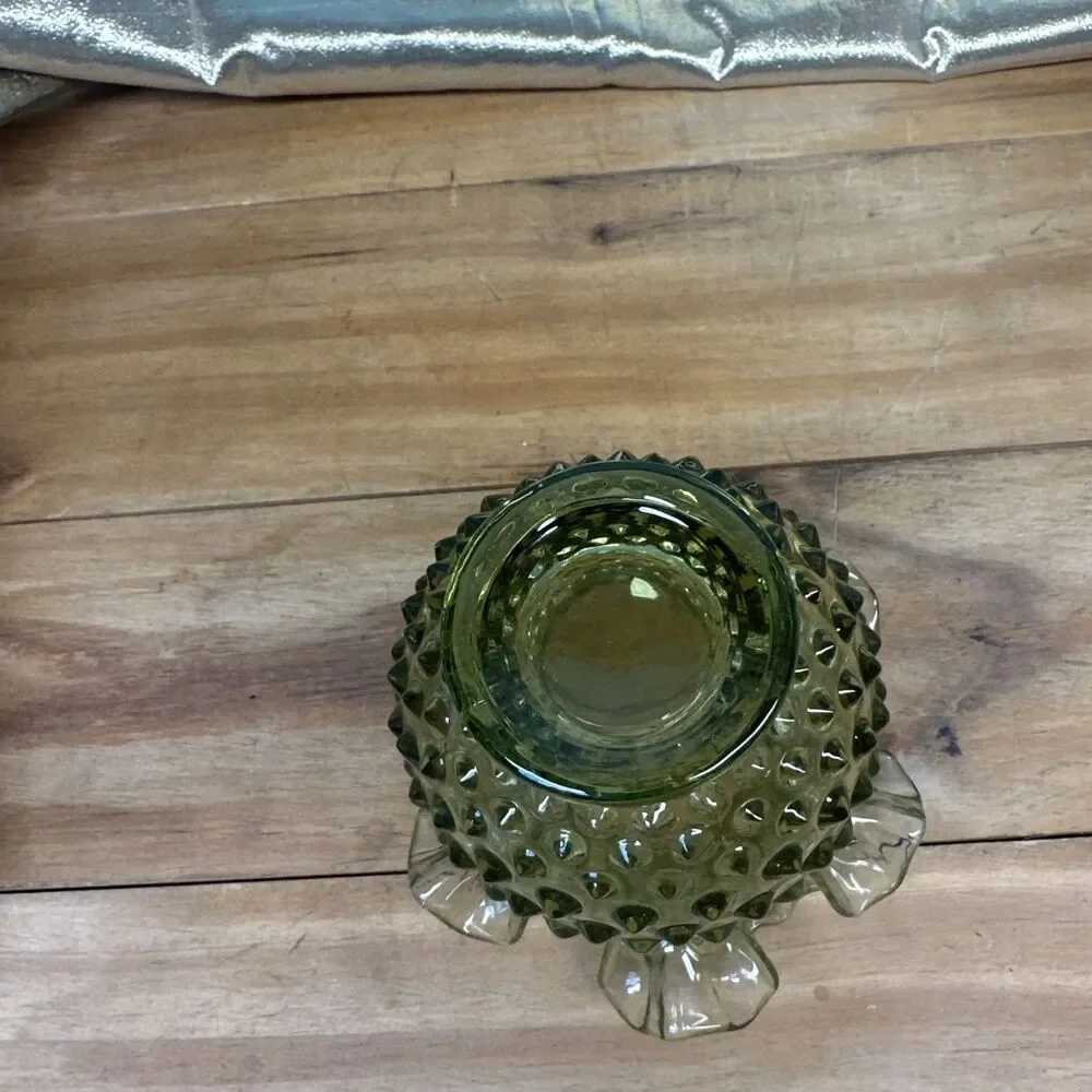Vintage Fenton Olive Green Ruffled Edge Hobnail Vase 3